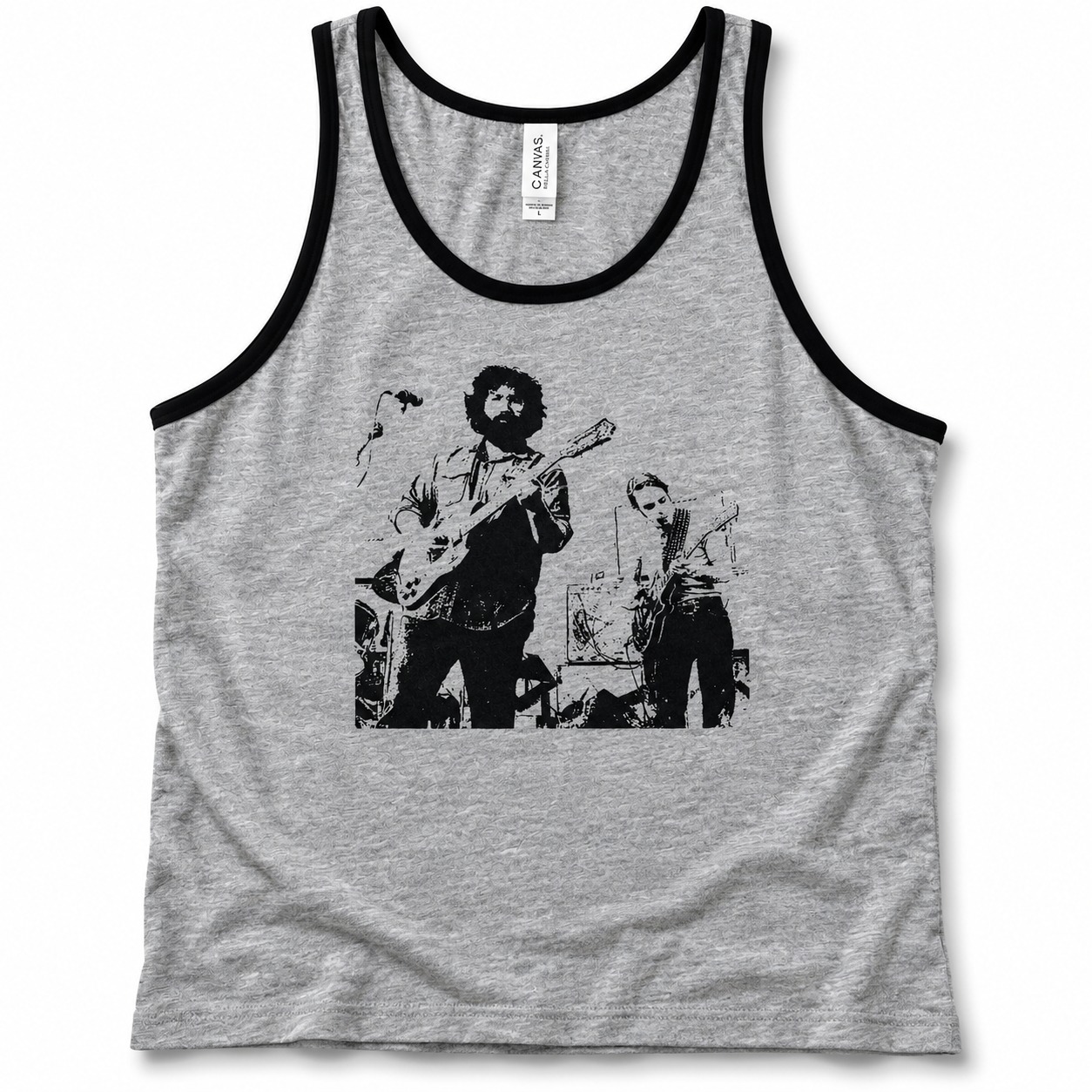 Jerry and Bobby ’70s Playing in the Band Gray Ringer Tank printed on a Tank