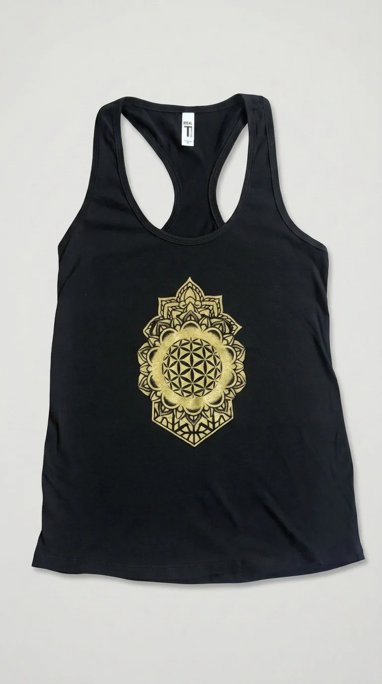 Gold Mini Mandala Y-Back Tank on a Y-back tank
