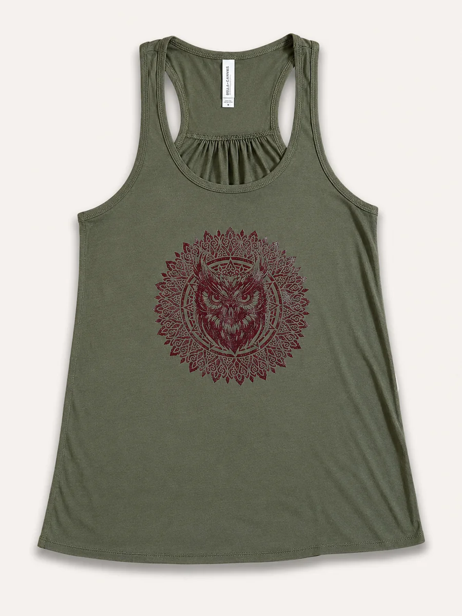 Owl Mandala Tank printed on a Y-back tank